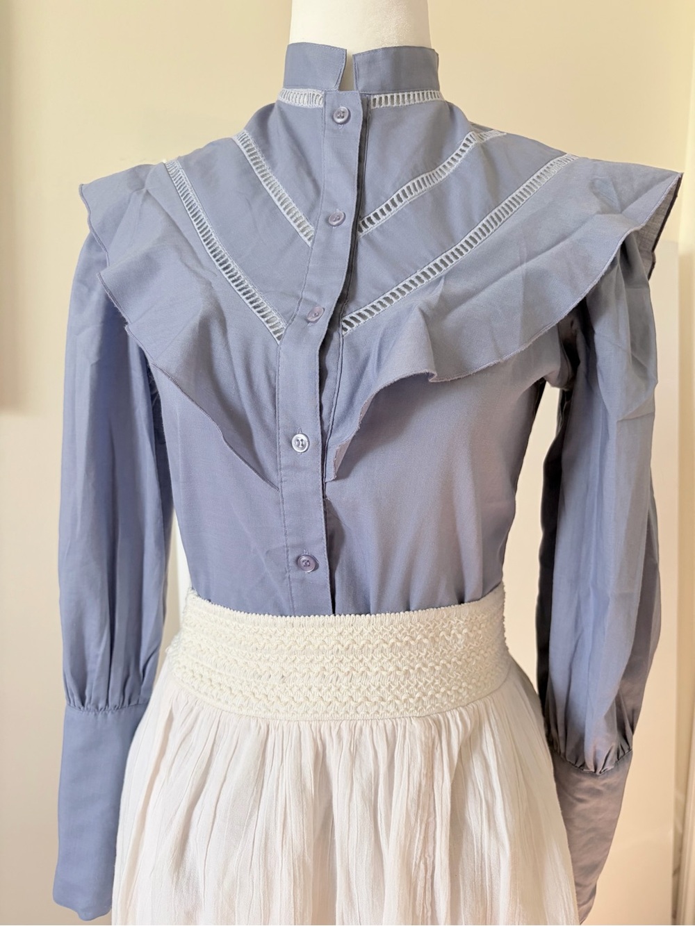 Vintage Blue Ruffle Yoke Button-Front Blouse